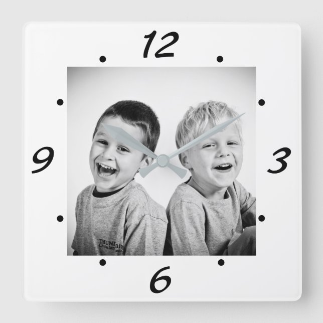 Modern Black and White Family Photo Square Wall Clock (Front)