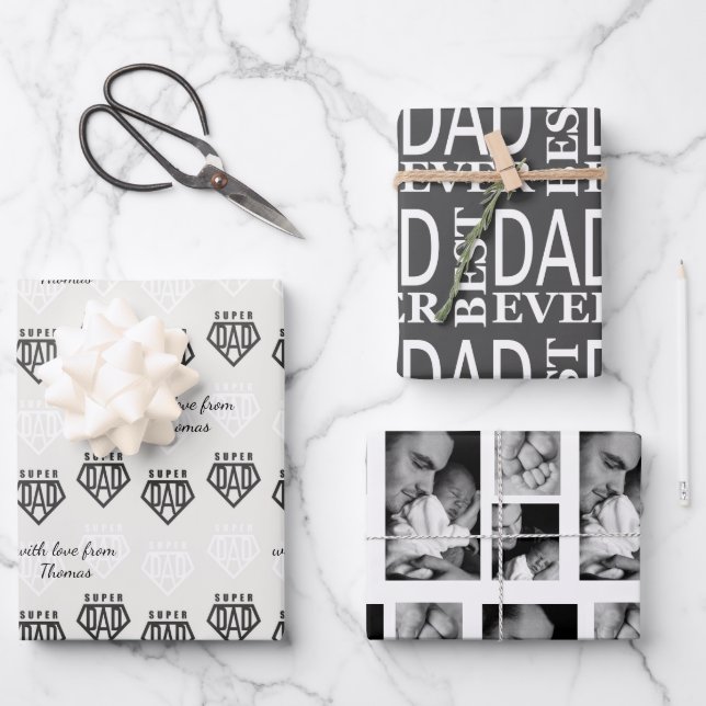 Modern black and white Fathers Day Personalised  Wrapping Paper Sheet (Front)