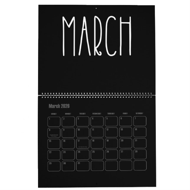 Modern Black and White Filled Calendar (Mar 2026)
