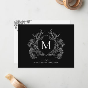 Modern Black and White Floral Crest Monogram Card