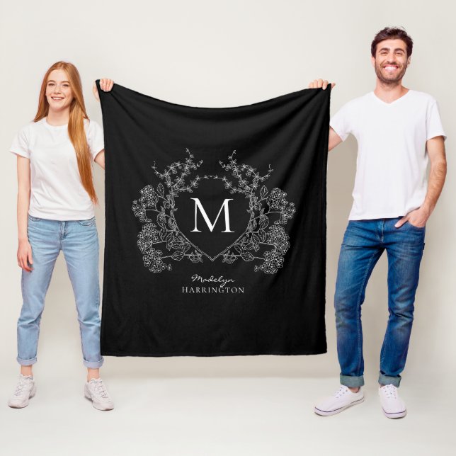 Modern Black and White Floral Crest Monogram Fleece Blanket (In Situ)