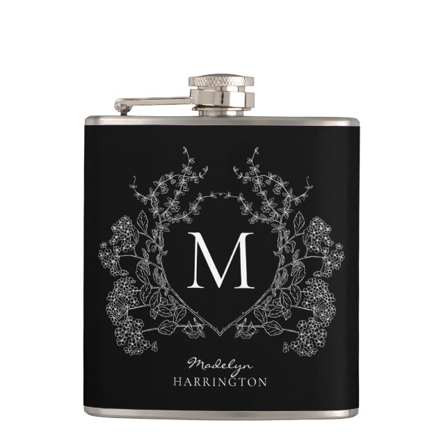 Modern Black and White Floral Crest Monogram Hip Flask (Front)