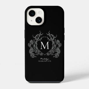 Modern Black and White Floral Crest Monogram iPhone 14 Case