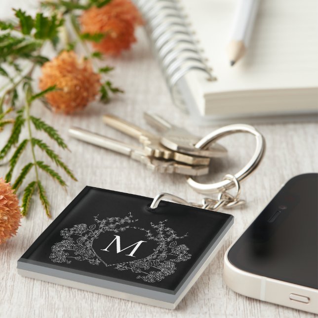 Modern Black and White Floral Crest Monogram Key Ring (Front Right)