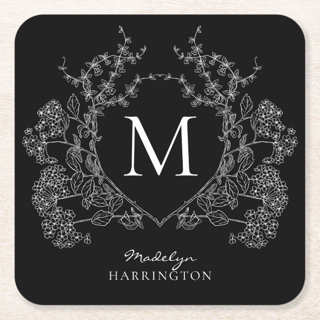 Modern Black and White Floral Crest Monogram Square Paper Coaster (Front)