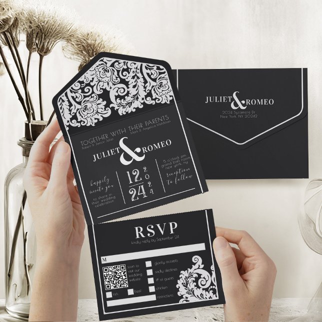 Modern Black and White Floral Damask Wedding All In One Invitation (modern black and white wedding theme elegant damask all in one wedding invitation and rsvp card)