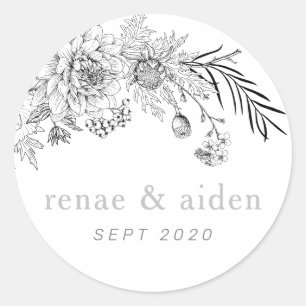Modern black and white floral favor stickers