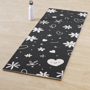 Modern Black and white floral heart cartoon girly  Yoga Mat