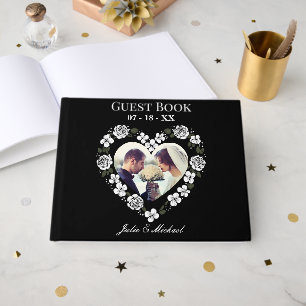 Modern Black and White Floral Heart Wedding Guest Book