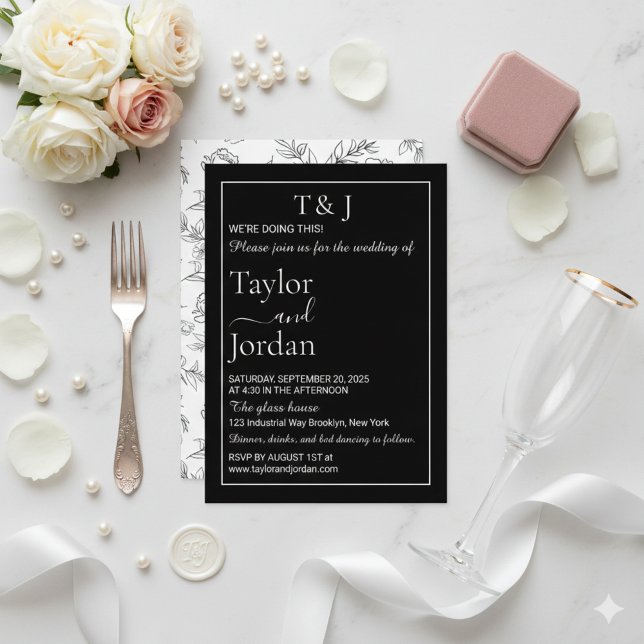 Modern Black and White Floral Minimalist Dark Chic Invitation (Creator Uploaded)