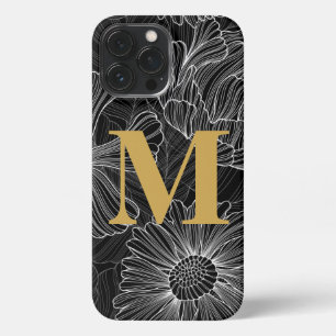 Modern Black and White Floral Monogram Phone Case