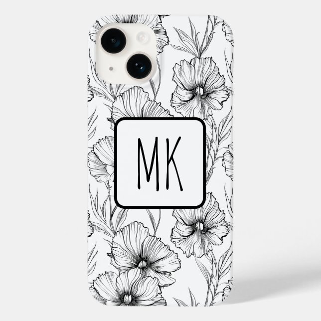 Modern Black and White Floral Monogrammed Case-Mate iPhone Case (Back)