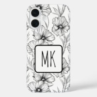 Modern Black and White Floral Monogrammed