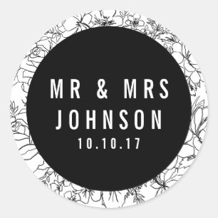 Modern black and white floral Mr & Mrs sticker