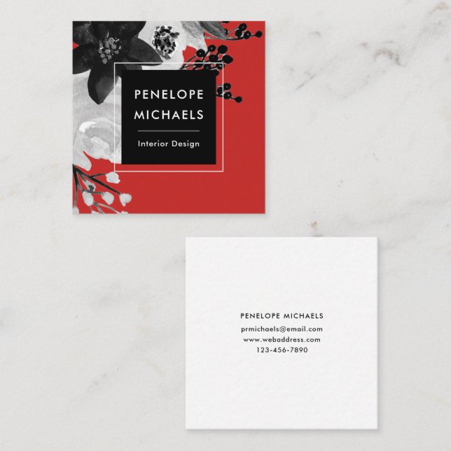 Modern Black and White Floral on Red Background Square Business Card (Front/Back)