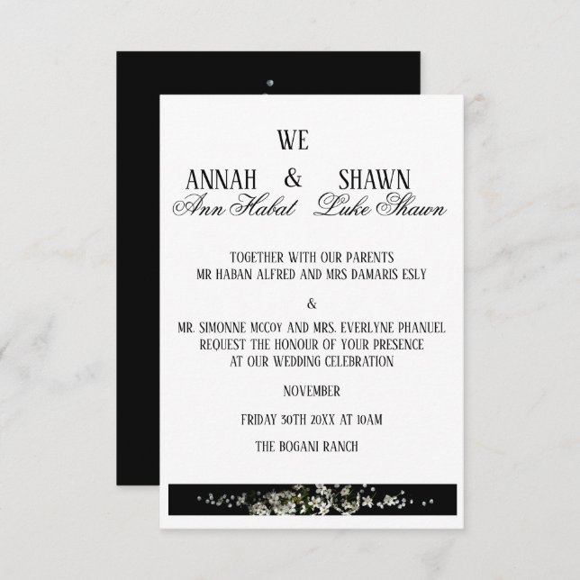 Modern Black and White Floral Wedding Invitation (Front/Back)