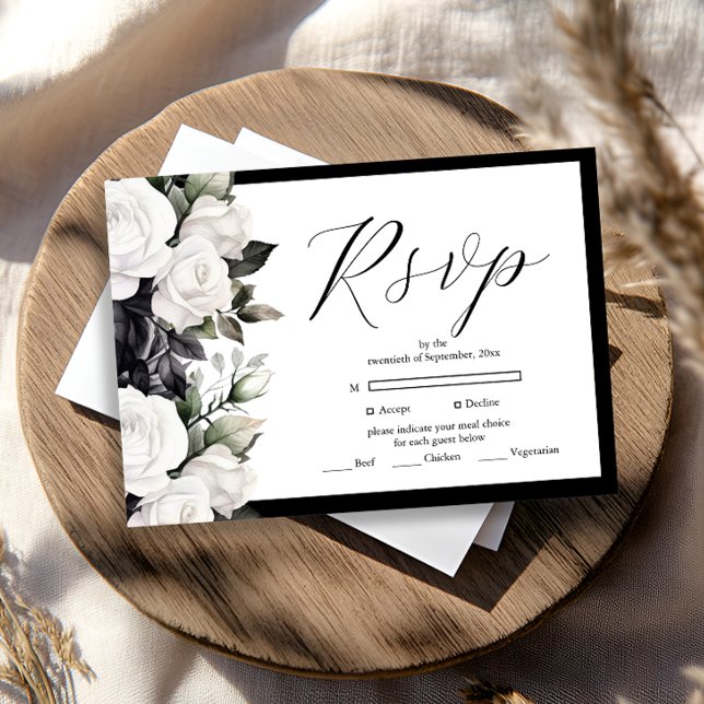 Modern Black and White Floral Wedding RSVP Card (Creator Uploaded)