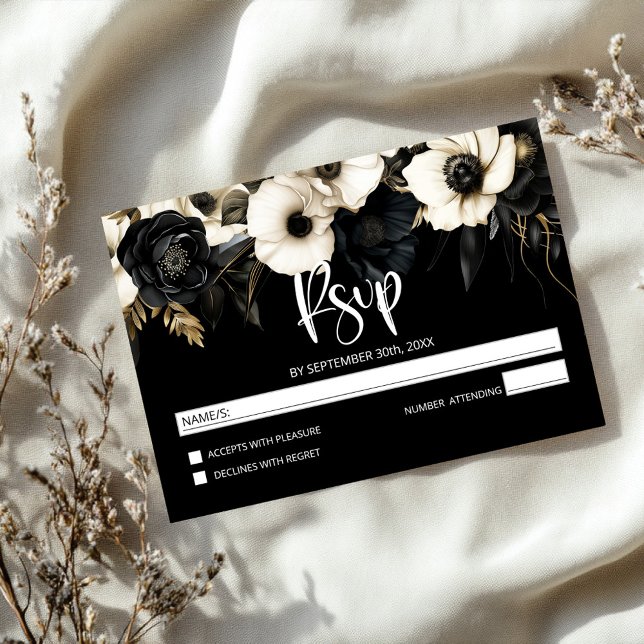 Modern Black and White Floral Wedding RSVP Card (Creator Uploaded)