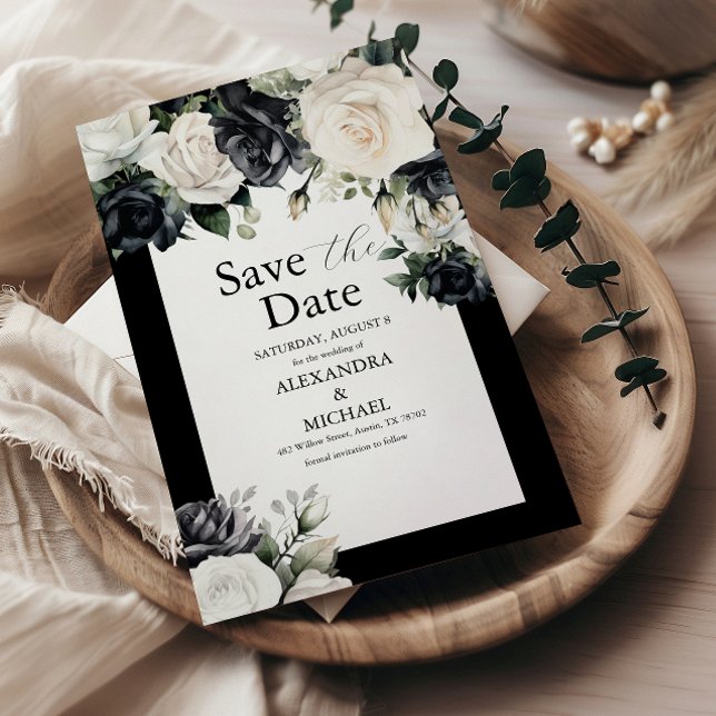 Modern Black and White Floral Wedding Save The Dat Save The Date (Creator Uploaded)