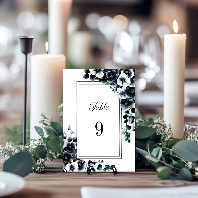 Modern Black and White Floral Wedding Table Number (Creator Uploaded)