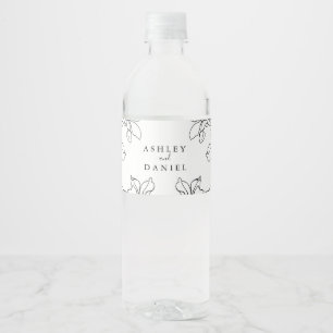 Modern Black and White Floral Wedding Water Bottle Label