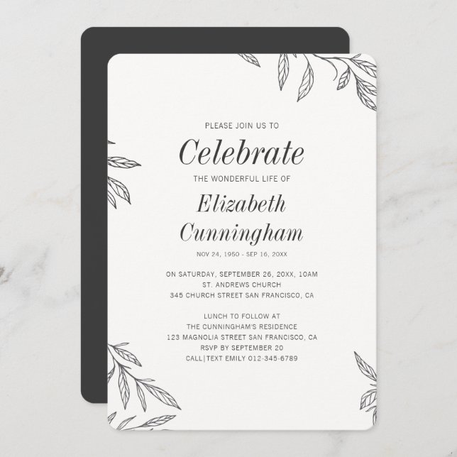 Modern Black and White Foliage Memorial Invitation (Front/Back)