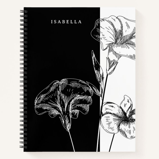 Modern Black and White Foral Personalised Notebook (Front)