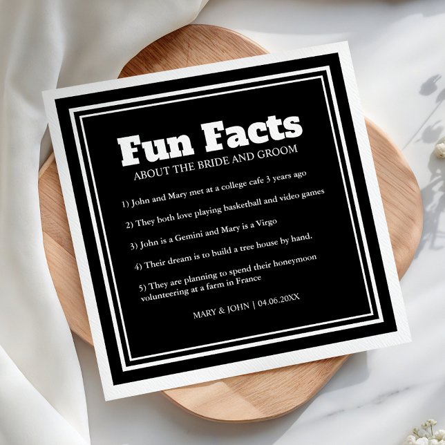 Modern Black and White Fun Facts Wedding Napkin (Creator Uploaded)