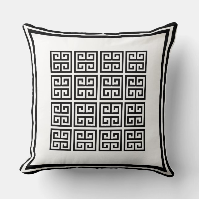 Modern Black and white Geometric Greek key Pattern Cushion (Front)