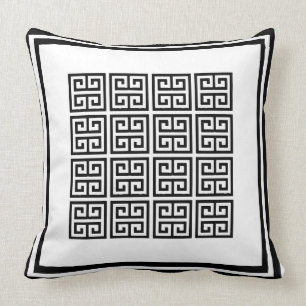 Modern Black and white Geometric Greek key Pattern Cushion