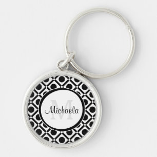 Modern Black and White Geometric Monogram and Name Key Ring