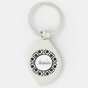 Modern Black and White Geometric Monogram and Name Key Ring