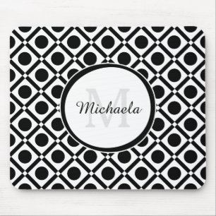 Modern Black and White Geometric Monogram and Name Mouse Pad