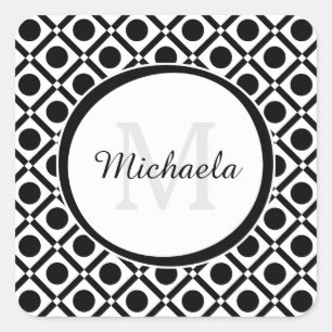 Modern Black and White Geometric Monogram and Name Square Sticker