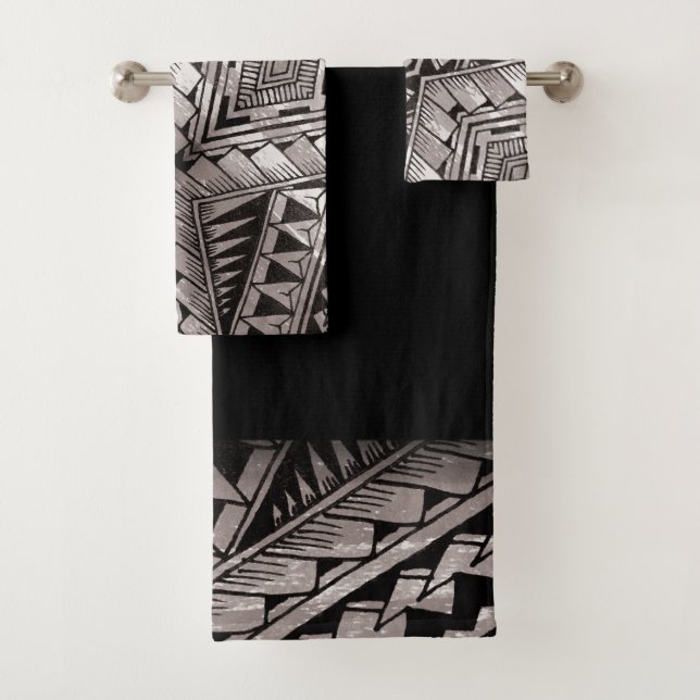 Modern Black and White Geometric Tribal Pattern Bath Towel Set (Insitu)