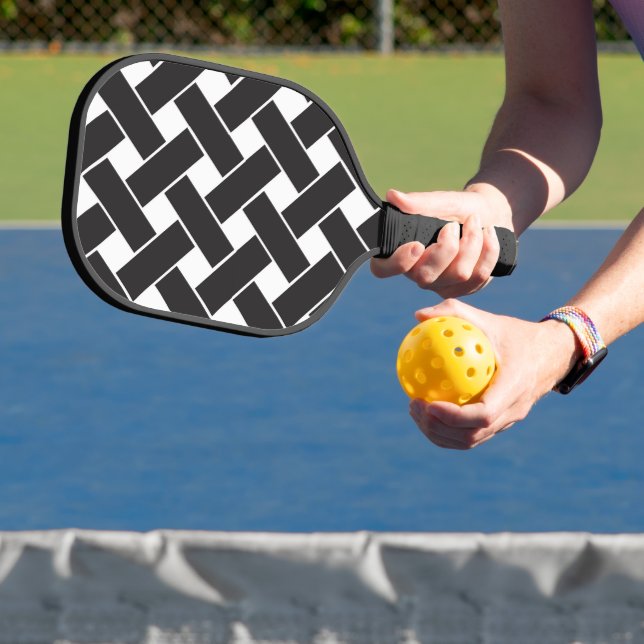 Modern Black and White Geometric Weave Pattern Pickleball Paddle (Insitu)