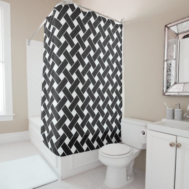 Modern Black and White Geometric Weave Pattern Shower Curtain (In Situ)