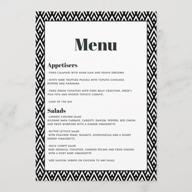 Modern Black and White Geometric Wedding Menu (Front)