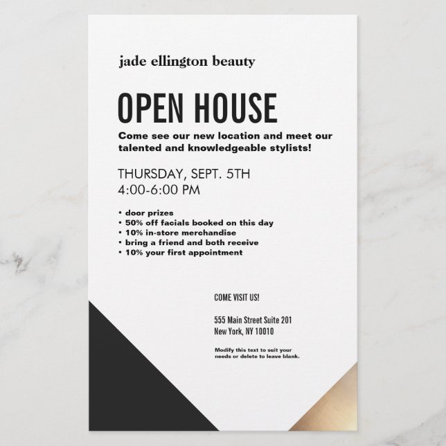 Modern Black and White, Gold Accent Beauty Salon Flyer (Front)
