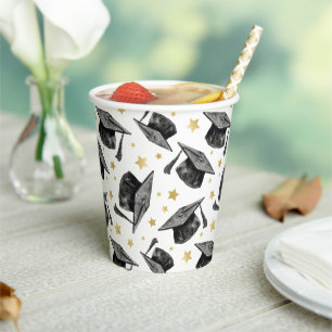 Modern Black and White Gold Stars Graduation Paper Cups