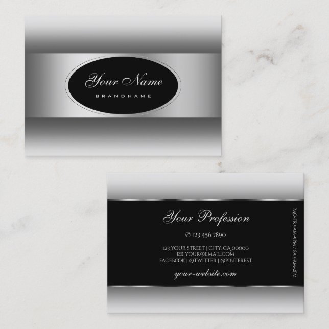 Modern Black and White Gradient Silver Oval Frame Business Card (Front/Back)
