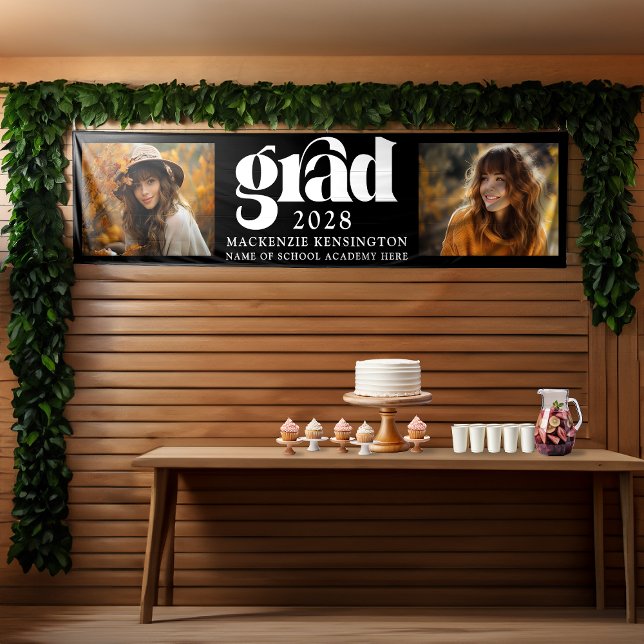 Modern Black and White Graduation 2 Photo Long Banner (Modern Black and White Graduation 2 Photo Long Banner)
