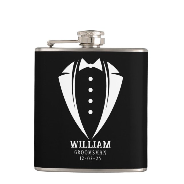Modern Black and White Groomsman Gift Hip Flask (Front)