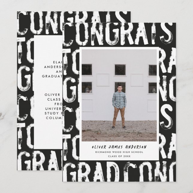 Modern black and white grungy photo graduation inv invitation (Front/Back)