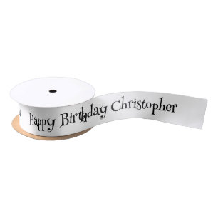 Modern Black and White Happy Birthday Satin Ribbon