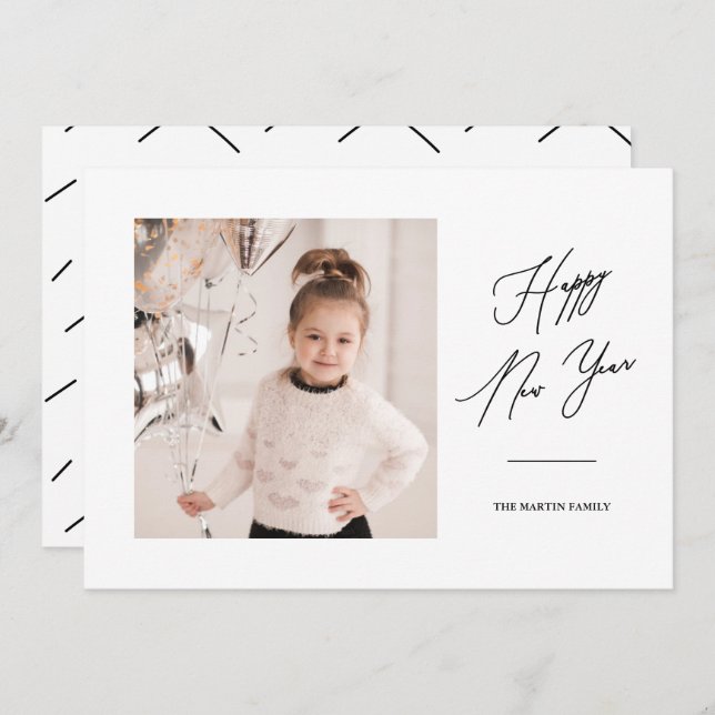 Modern Black and White Happy New Year Photo Invitation (Front/Back)