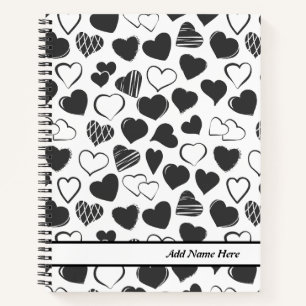 Modern Black and White Heart Customisable Name  Notebook