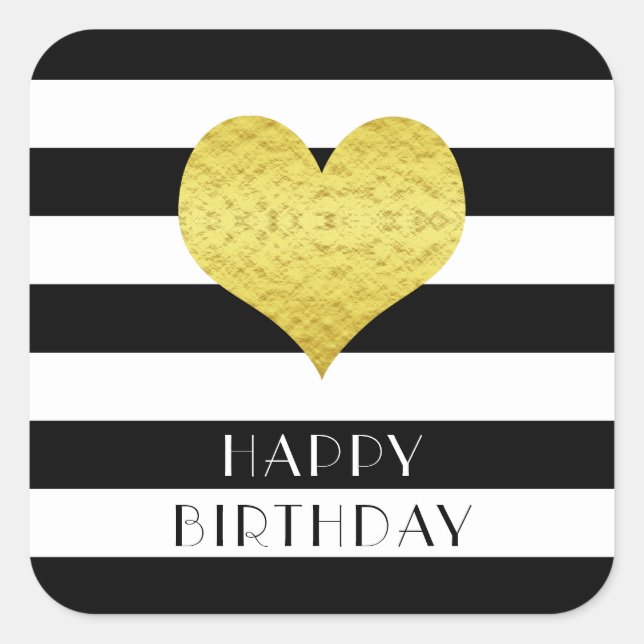 Modern Black And White Heart Happy Birthday Square Sticker (Front)