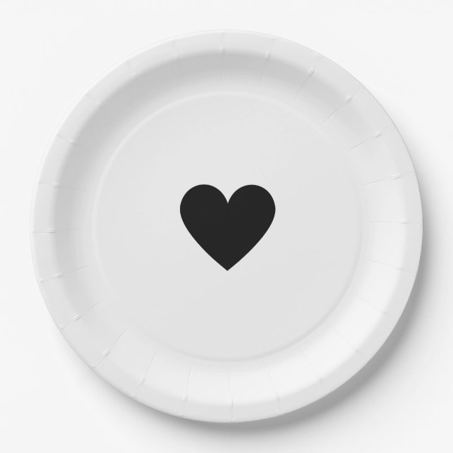 Modern Black and White Heart Love Elegant Custom Paper Plate (Front)