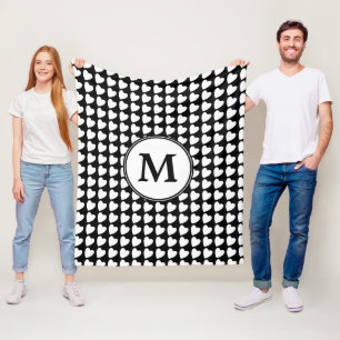 Modern Black and White Heart Pattern Monogram Fleece Blanket